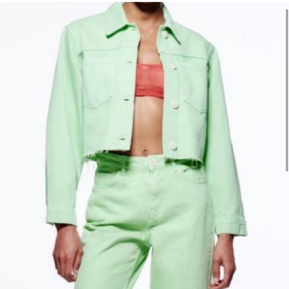 Zara light green frayed jacket and pants set